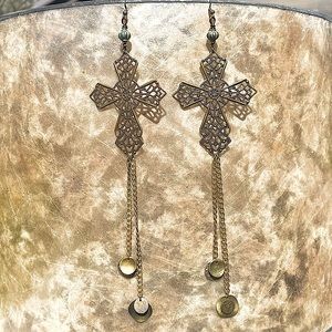 Bronze Cross Long Dangle Earrings